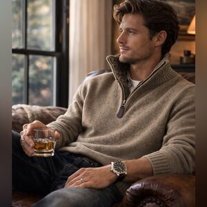 Oscar de la Renta Men’s Quarter Zip Knit Sweater | Leather Pull | Quiet Luxury